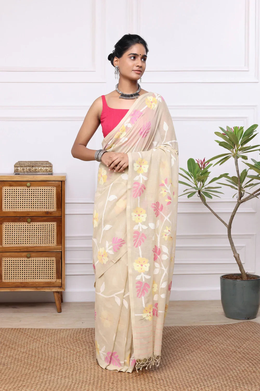 Handloom Dark Cream Soft Cotton Multi Colour Floral Jamdani Saree | SHOBITAM
