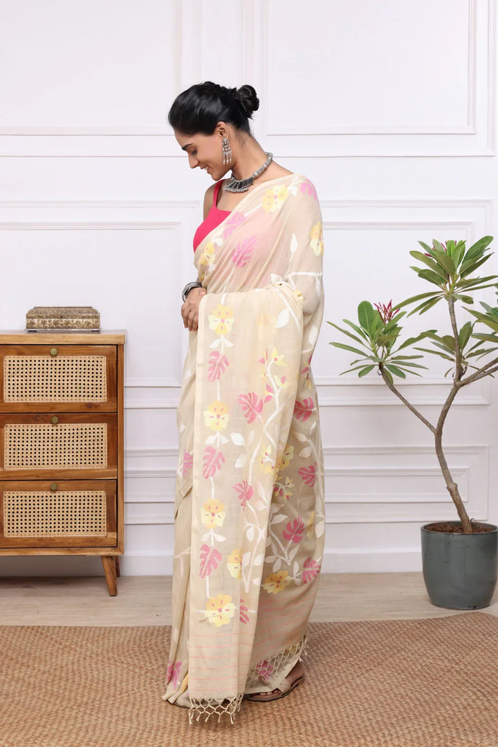 Handloom Dark Cream Soft Cotton Multi Colour Floral Jamdani Saree | SHOBITAM