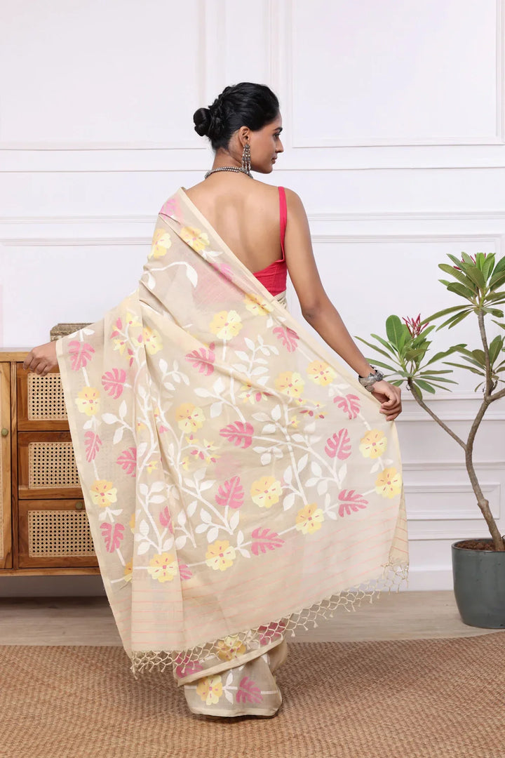 Handloom Dark Cream Soft Cotton Multi Colour Floral Jamdani Saree | SHOBITAM