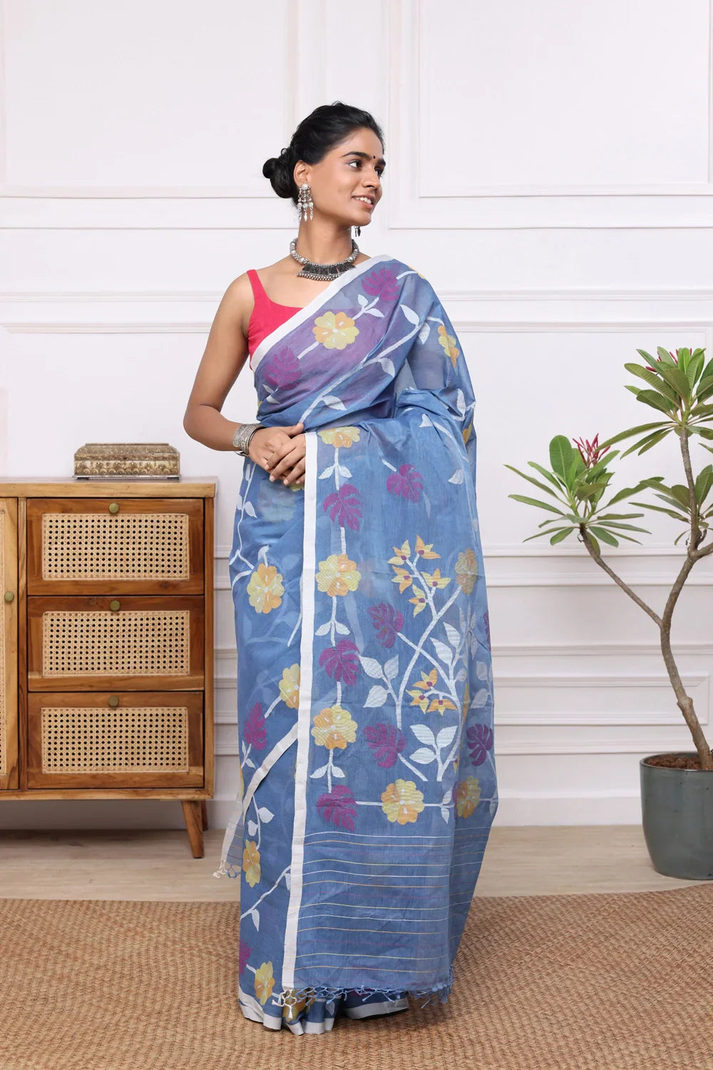 Handloom Blue Pure Cotton Multi Colour Floral Jamdani Saree | SHOBITAM