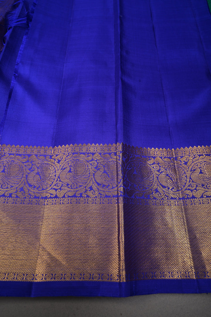 Blue-Green Dual Tone Self Brocade on Pure Kanjivaram Silk Handloom Saree with Zari Buttas and Zari Border| SILK MARK CERTIFIED | SHOBITAM