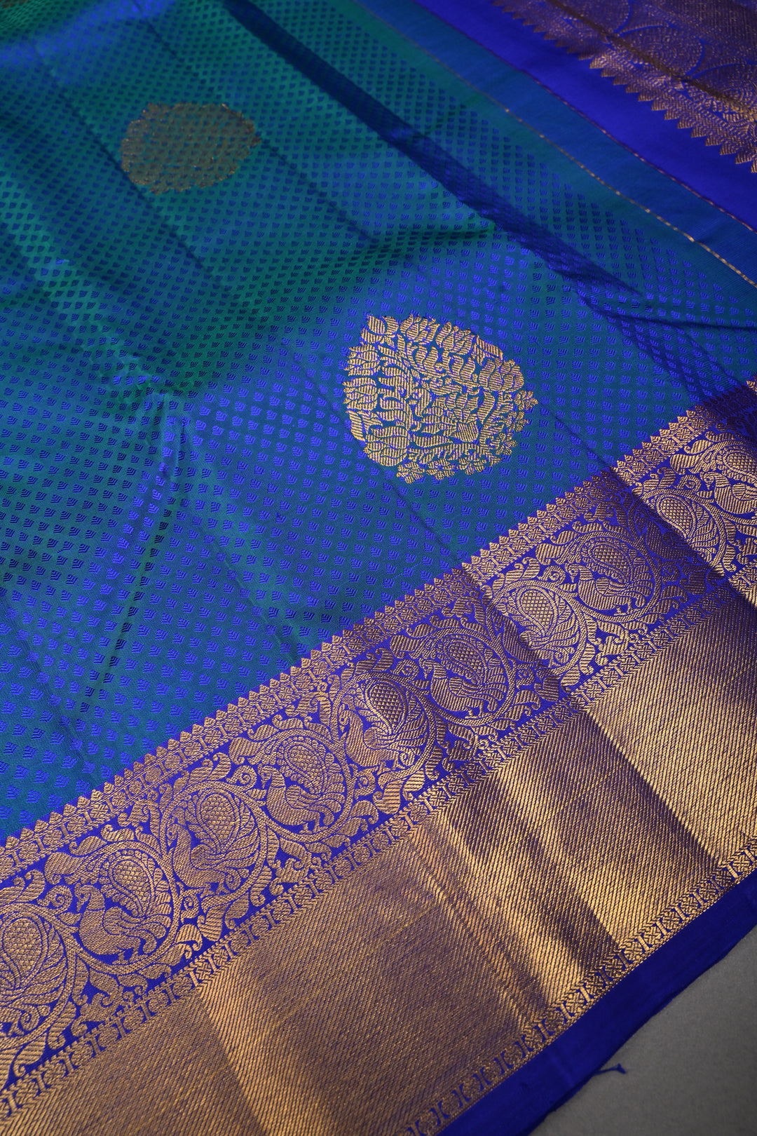 Blue-Green Dual Tone Self Brocade on Pure Kanjivaram Silk Handloom Saree with Zari Buttas and Zari Border| SILK MARK CERTIFIED | SHOBITAM