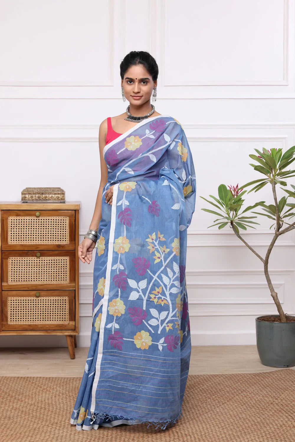 Handloom Blue Pure Cotton Multi Colour Floral Jamdani Saree | SHOBITAM