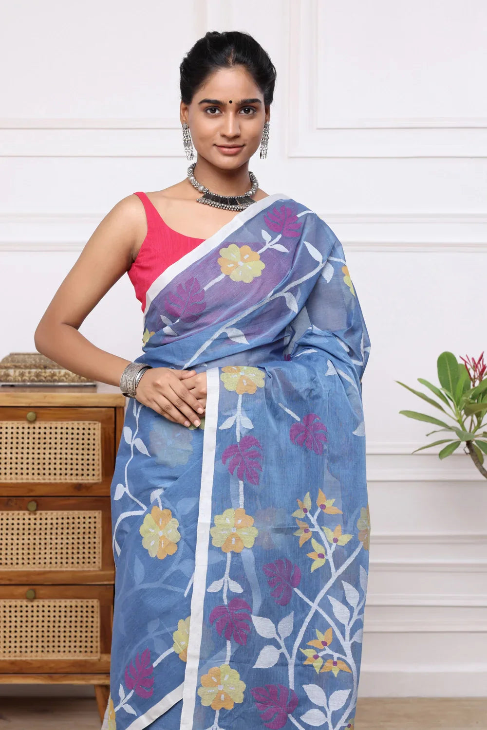 Handloom Blue Pure Cotton Multi Colour Floral Jamdani Saree | SHOBITAM