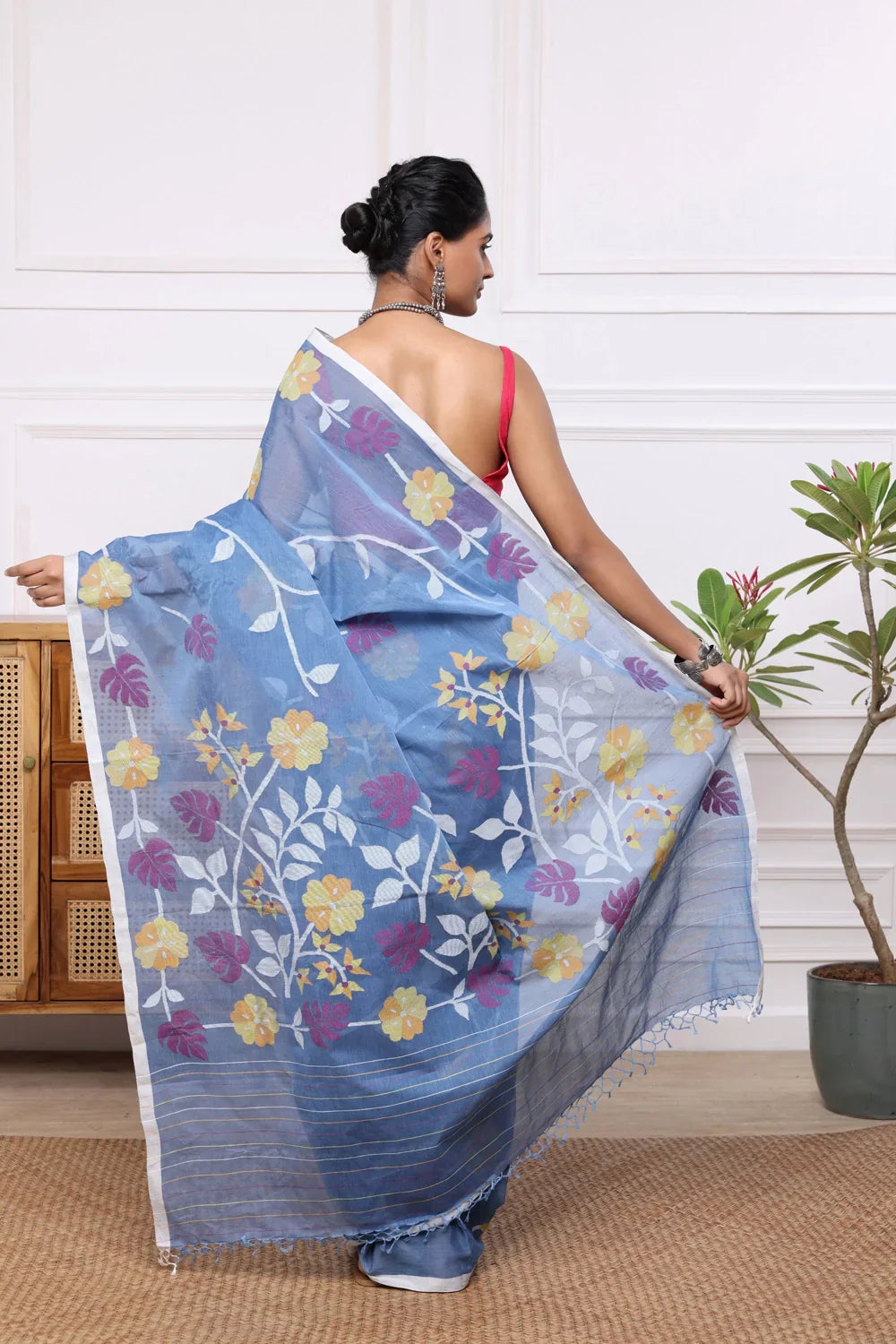 Handloom Blue Pure Cotton Multi Colour Floral Jamdani Saree | SHOBITAM
