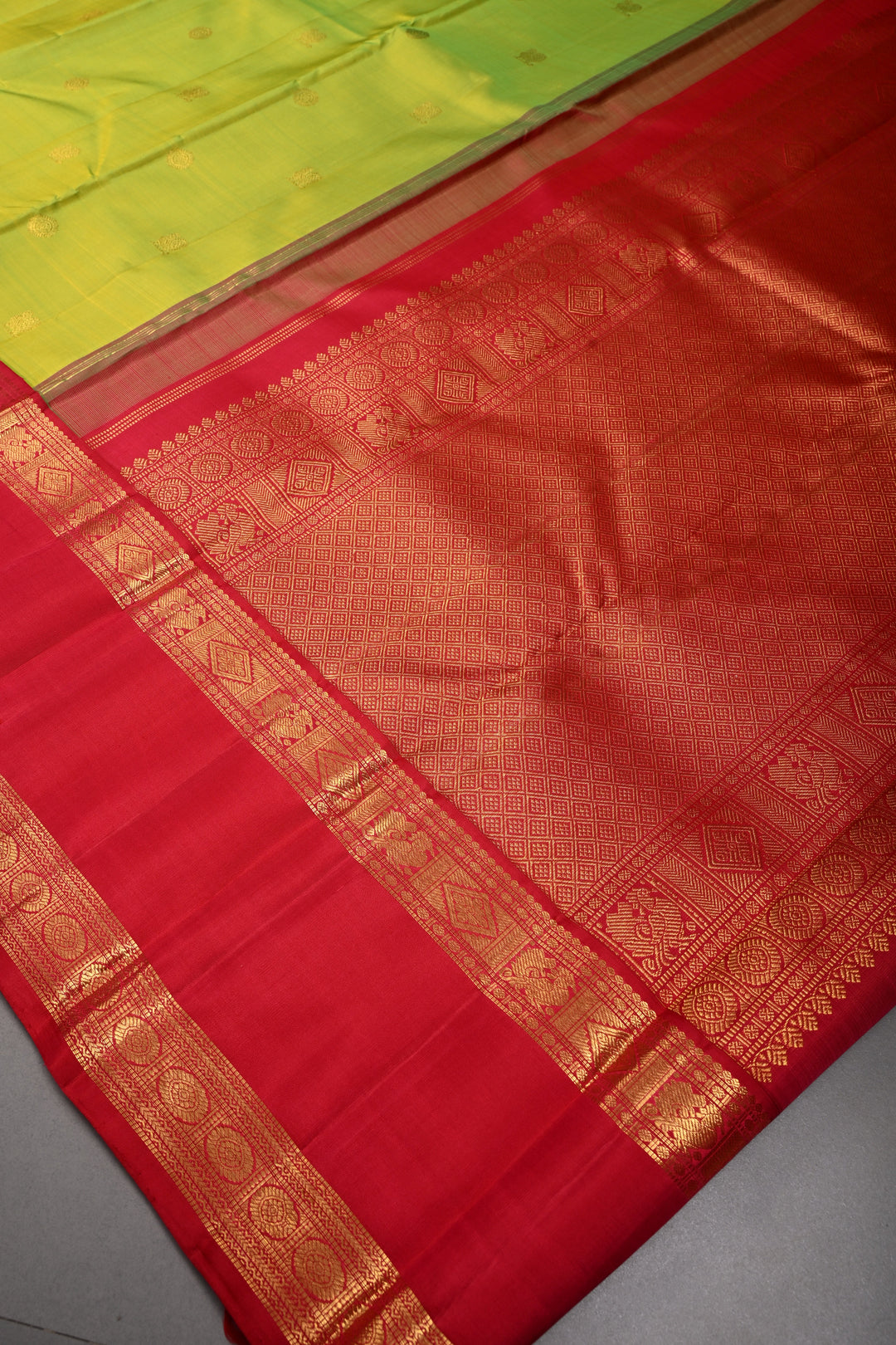Chartreuse korvai Kanjivaram Pure Silk Saree with Zari Buttas and Rettaipet Contrast Zari Border | SILK MARK CERTIFIED | SHOBITAM