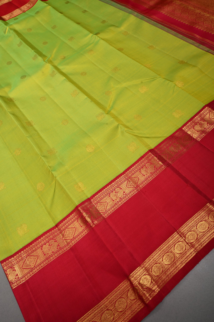 Chartreuse korvai Kanjivaram Pure Silk Saree with Zari Buttas and Rettaipet Contrast Zari Border | SILK MARK CERTIFIED | SHOBITAM