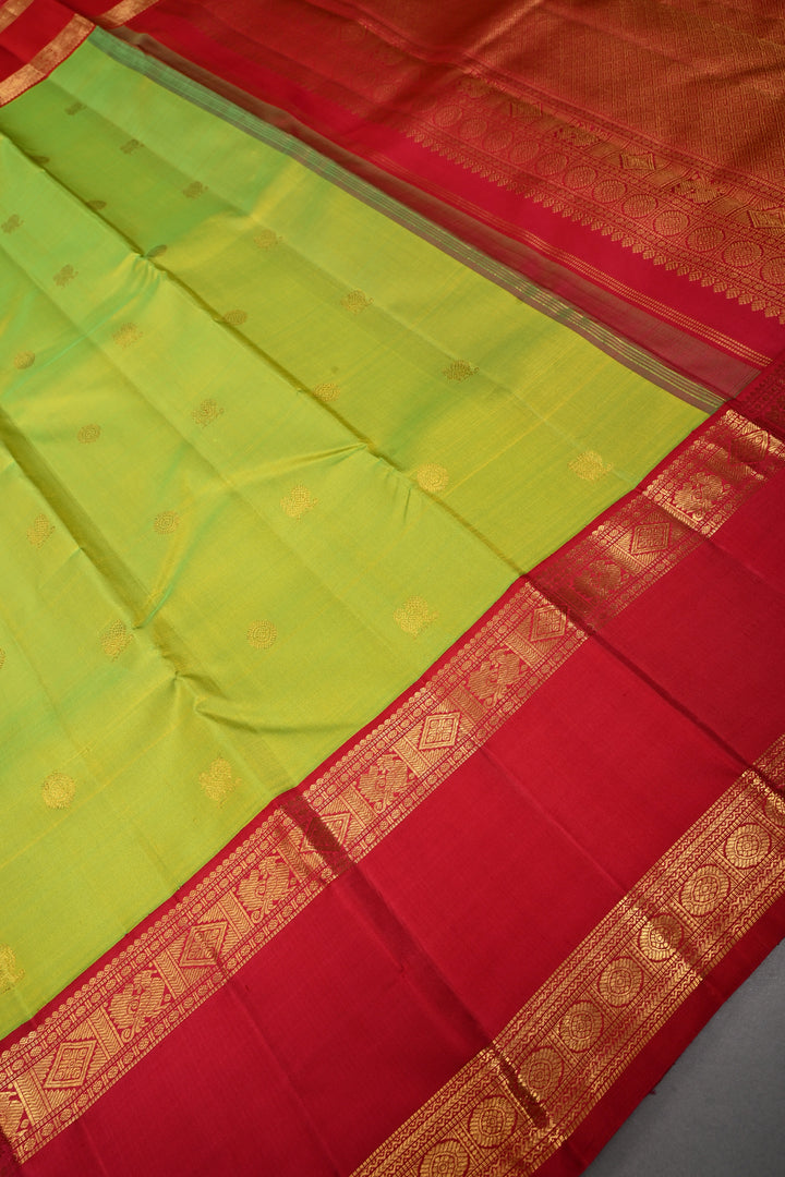 Chartreuse korvai Kanjivaram Pure Silk Saree with Zari Buttas and Rettaipet Contrast Zari Border | SILK MARK CERTIFIED | SHOBITAM