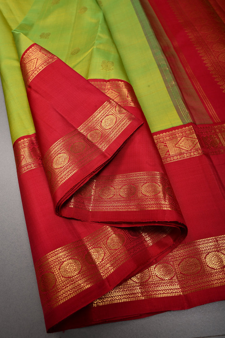 Chartreuse korvai Kanjivaram Pure Silk Saree with Zari Buttas and Rettaipet Contrast Zari Border | SILK MARK CERTIFIED | SHOBITAM
