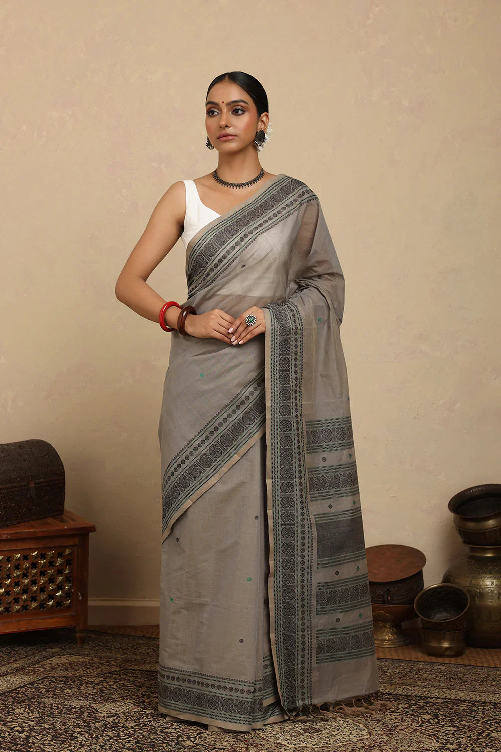 Handloom Ash Grey Kanchi Cotton Saree | SHOBITAM