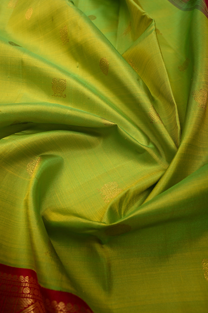Chartreuse korvai Kanjivaram Pure Silk Saree with Zari Buttas and Rettaipet Contrast Zari Border | SILK MARK CERTIFIED | SHOBITAM