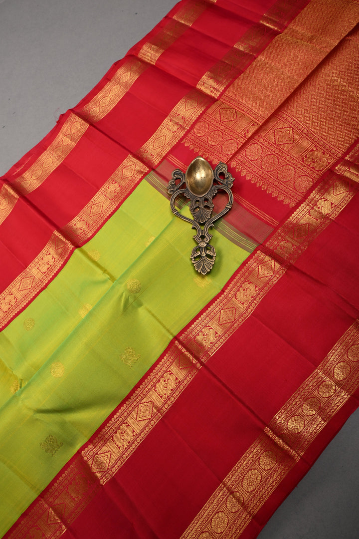 Chartreuse korvai Kanjivaram Pure Silk Saree with Zari Buttas and Rettaipet Contrast Zari Border | SILK MARK CERTIFIED | SHOBITAM
