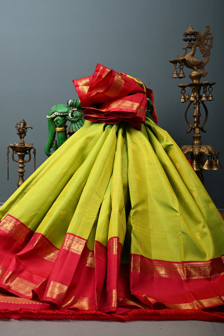Chartreuse korvai Kanjivaram Pure Silk Saree with Zari Buttas and Rettaipet Contrast Zari Border | SILK MARK CERTIFIED | SHOBITAM
