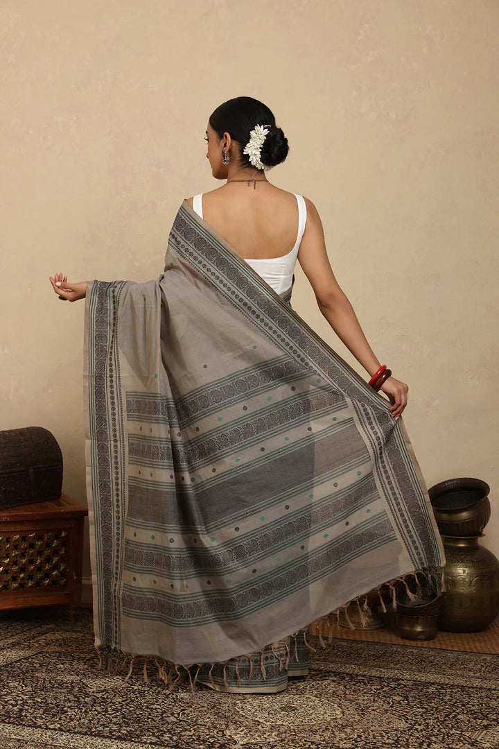 Handloom Ash Grey Kanchi Cotton Saree | SHOBITAM