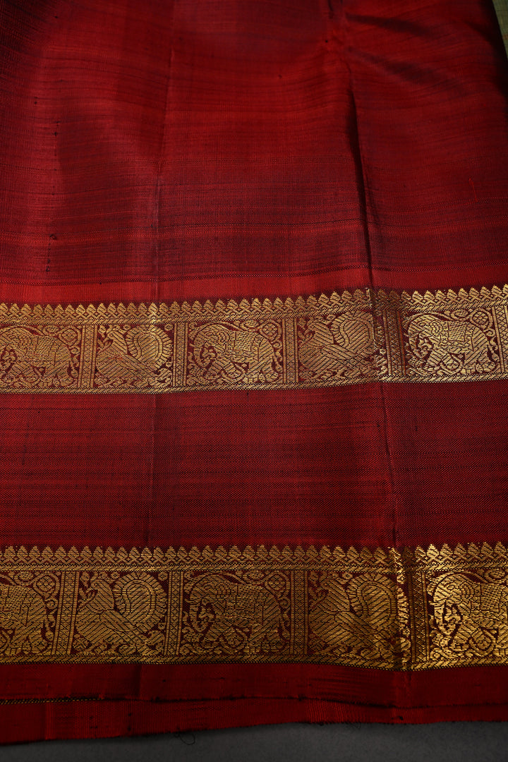Sage Green Kanjivaram Pure Silk Saree with Check and Rettaipet Border | SILK MARK CERTIFIED | SHOBITAM