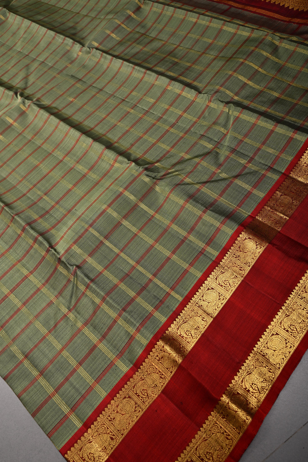 Sage Green Kanjivaram Pure Silk Saree with Check and Rettaipet Border | SILK MARK CERTIFIED | SHOBITAM