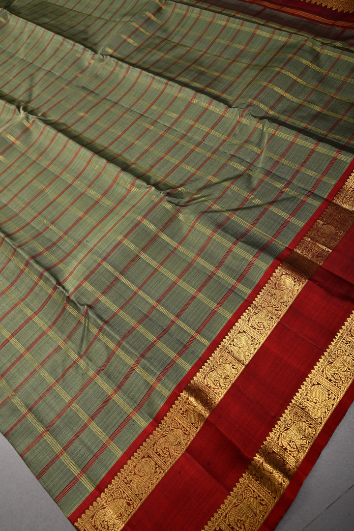 Sage Green Kanjivaram Pure Silk Saree with Check and Rettaipet Border | SILK MARK CERTIFIED | SHOBITAM