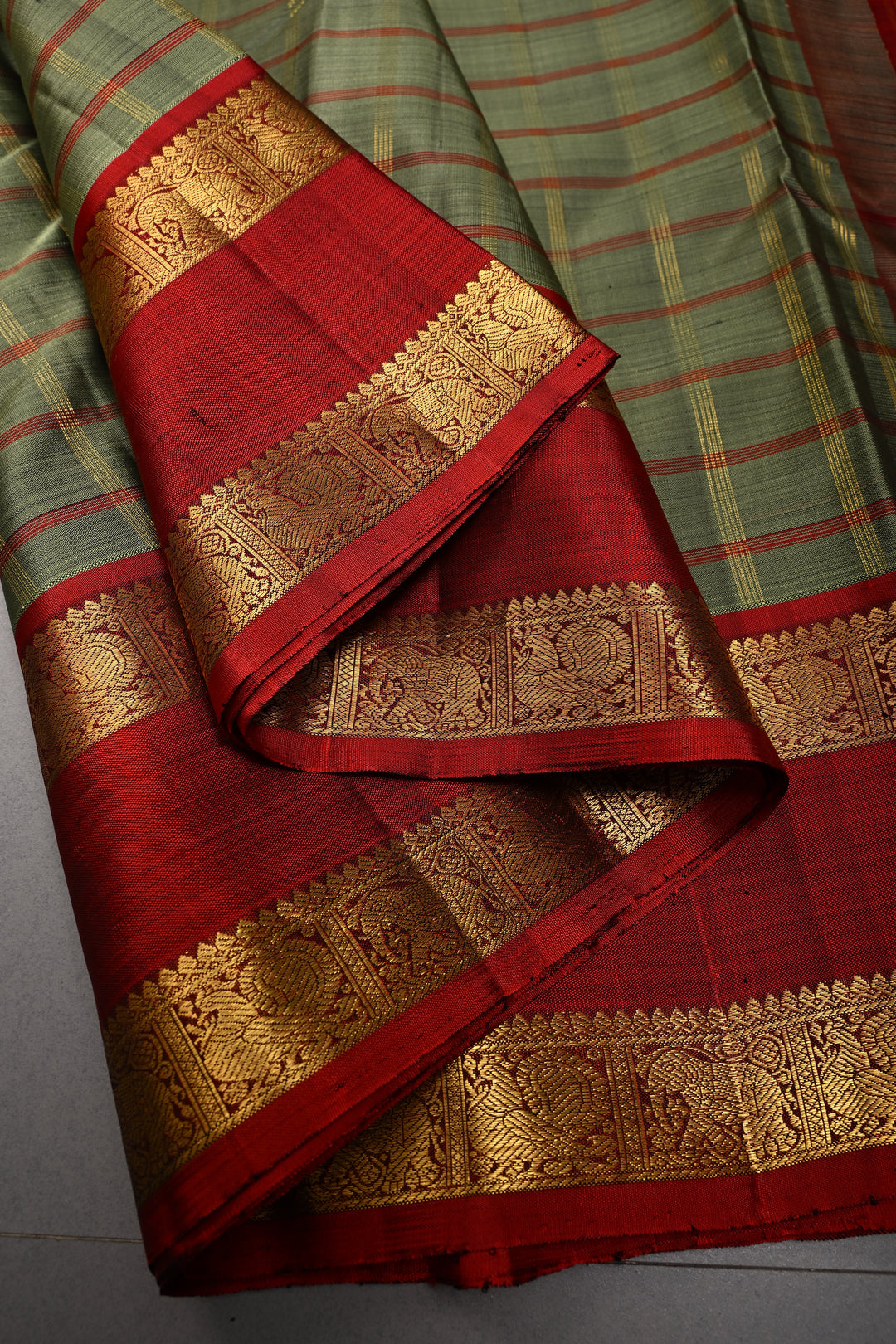 Sage Green Kanjivaram Pure Silk Saree with Check and Rettaipet Border | SILK MARK CERTIFIED | SHOBITAM