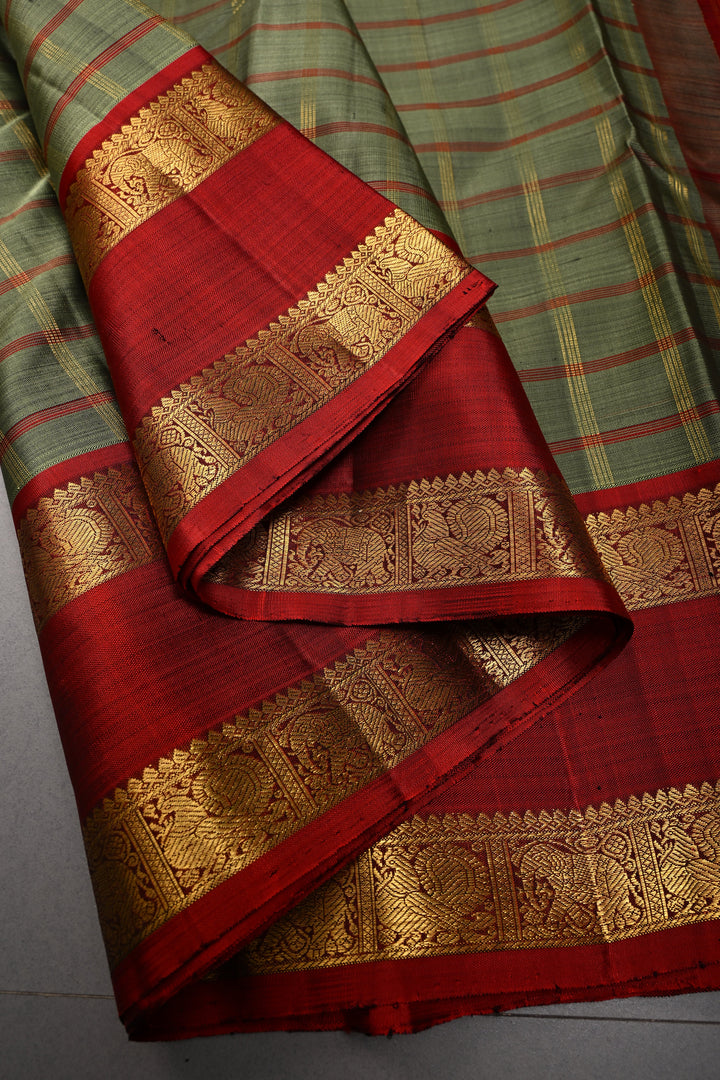 Sage Green Kanjivaram Pure Silk Saree with Check and Rettaipet Border | SILK MARK CERTIFIED | SHOBITAM