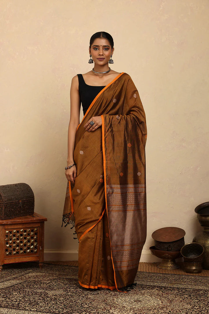Handloom Mustard Copper Dual Tone Kanchi Cotton Silk Saree | SHOBITAM