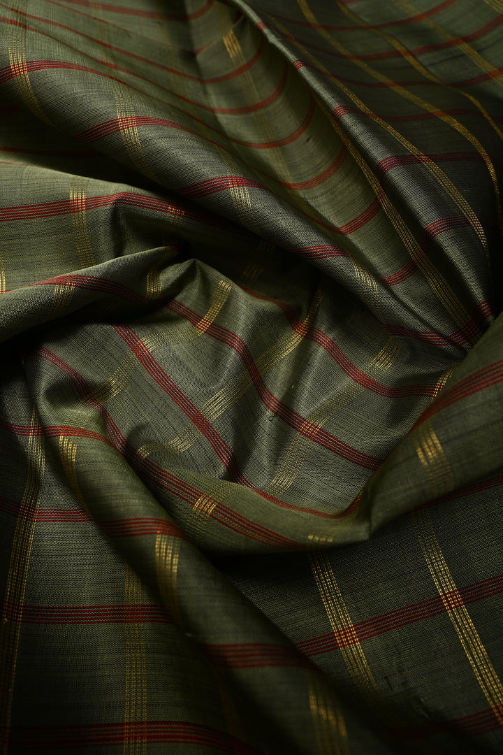 Sage Green Kanjivaram Pure Silk Saree with Check and Rettaipet Border | SILK MARK CERTIFIED | SHOBITAM