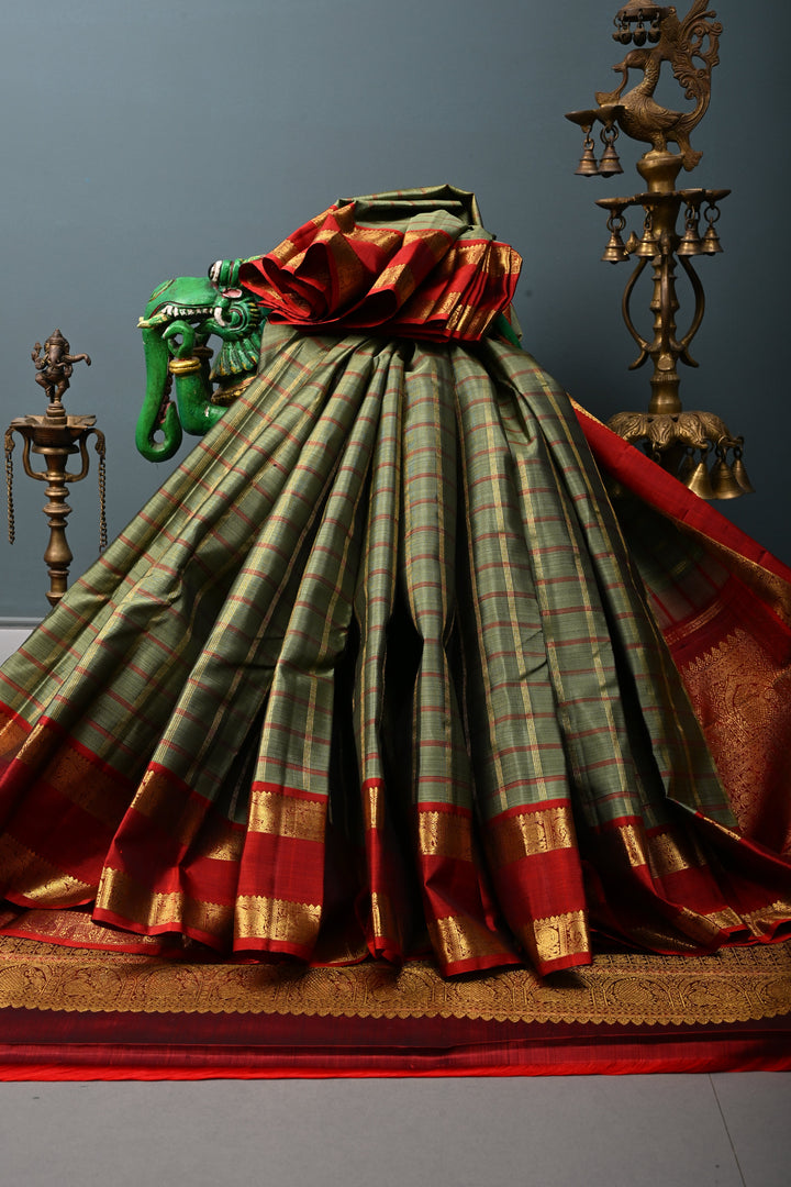 Sage Green Kanjivaram Pure Silk Saree with Check and Rettaipet Border | SILK MARK CERTIFIED | SHOBITAM