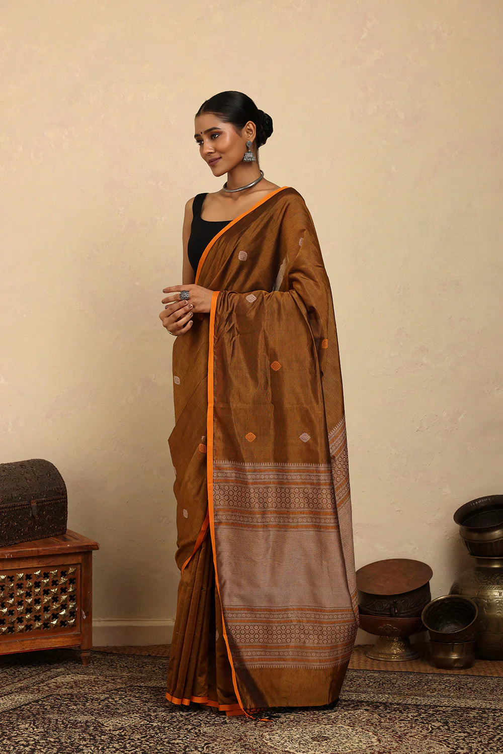 Handloom Mustard Copper Dual Tone Kanchi Cotton Silk Saree | SHOBITAM