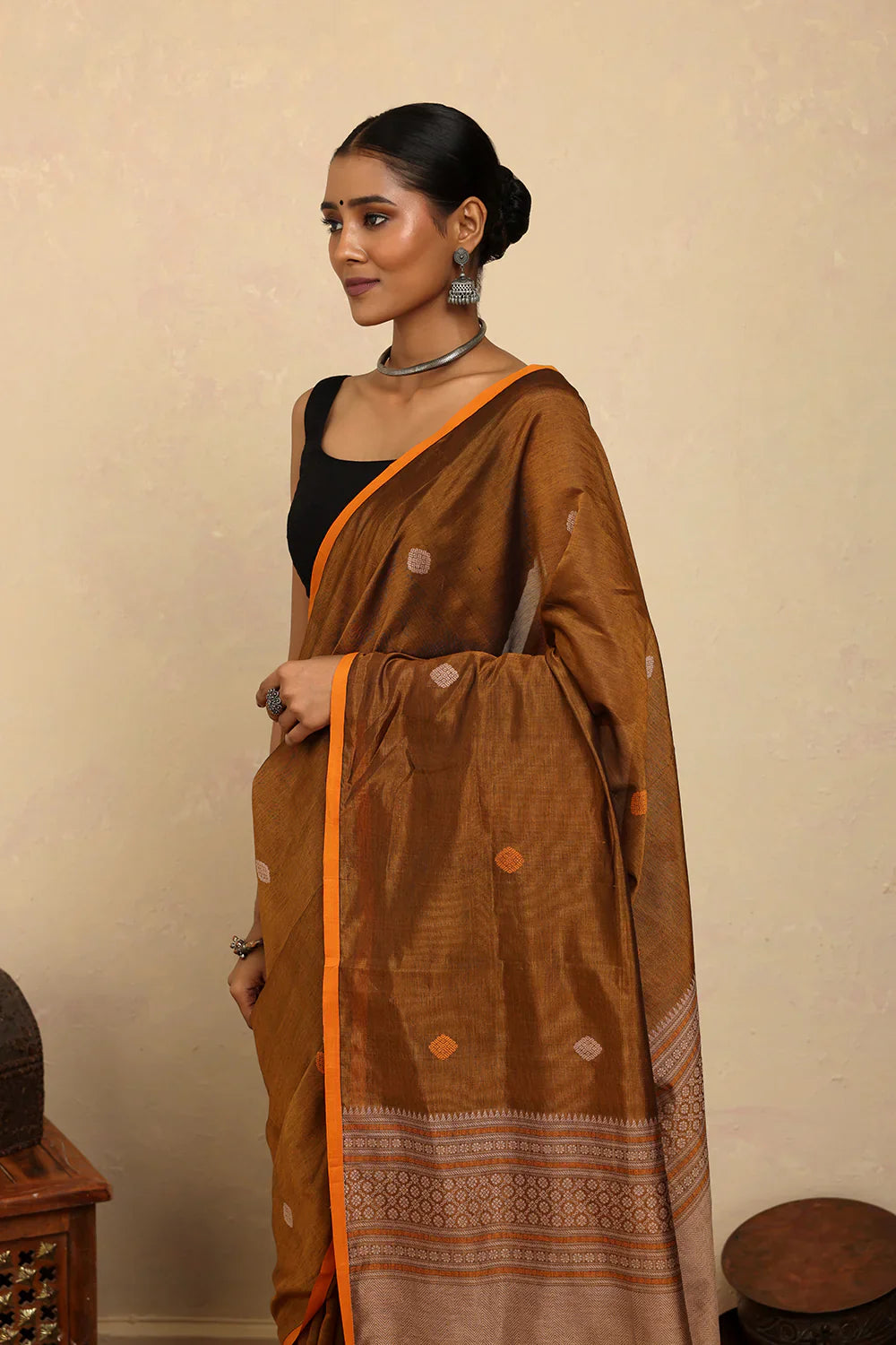 Handloom Mustard Copper Dual Tone Kanchi Cotton Silk Saree | SHOBITAM