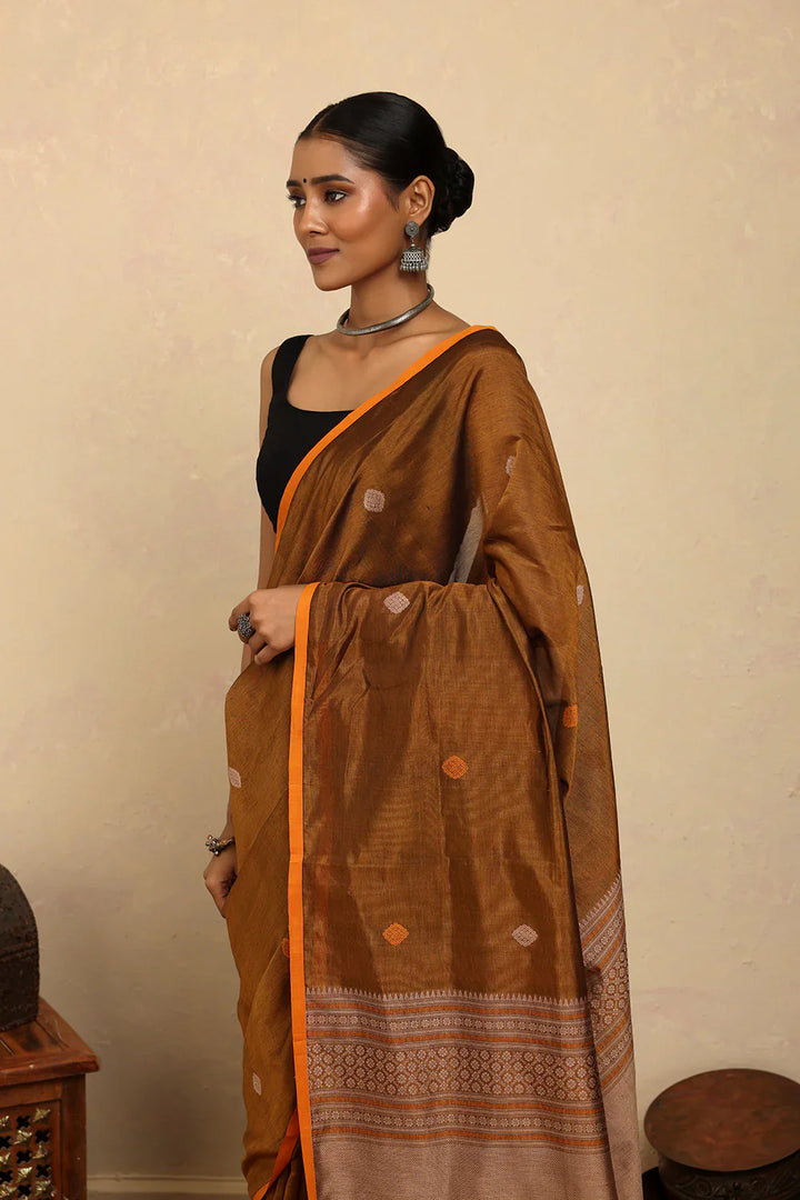 Handloom Mustard Copper Dual Tone Kanchi Cotton Silk Saree | SHOBITAM