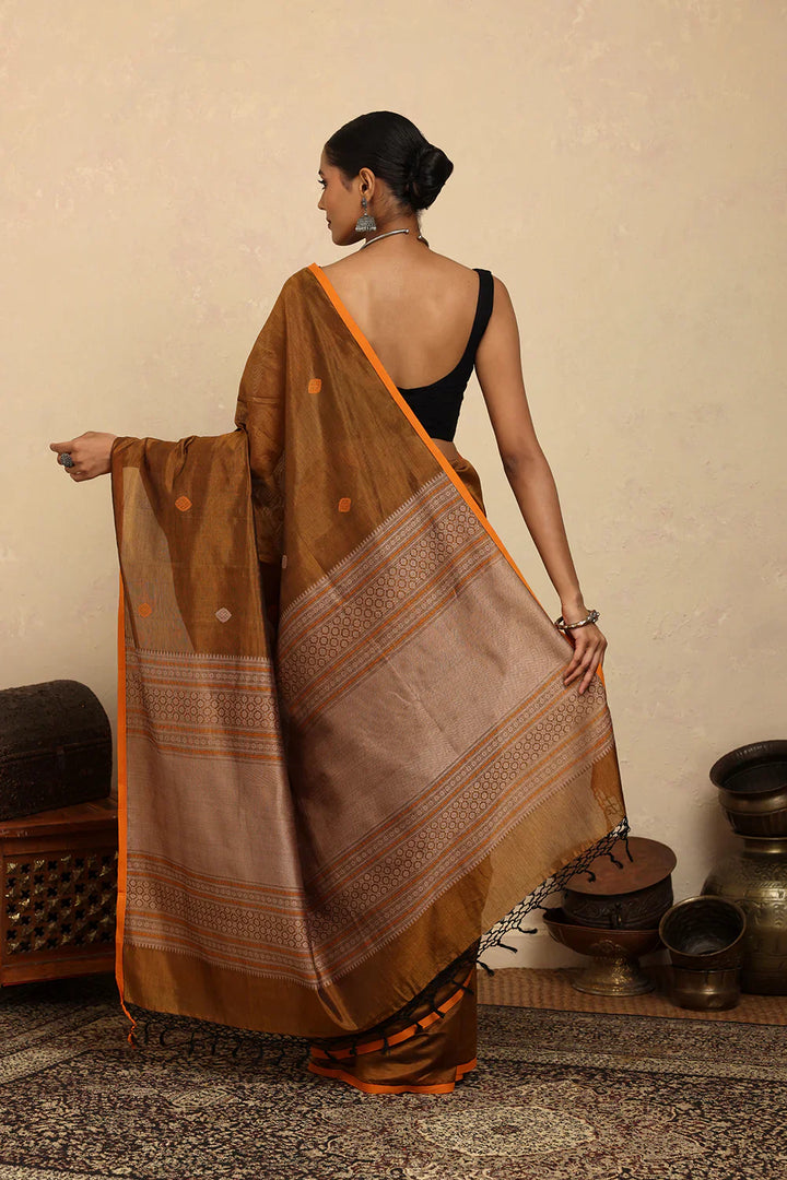 Handloom Mustard Copper Dual Tone Kanchi Cotton Silk Saree | SHOBITAM