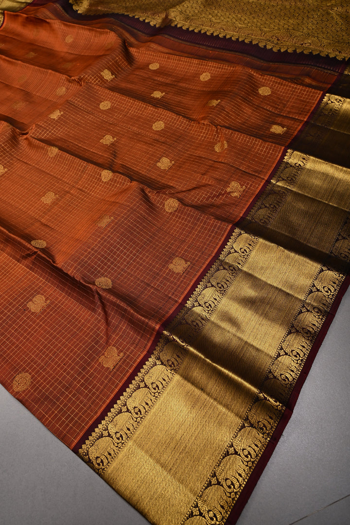 Pre-order Rust Orange Zari Buttas on Kanjivaram Pure Silk Saree with Podi-Kattam Zari Checks and Contrast Zari Border | SILK MARK CERTIFIED | SHOBITAM
