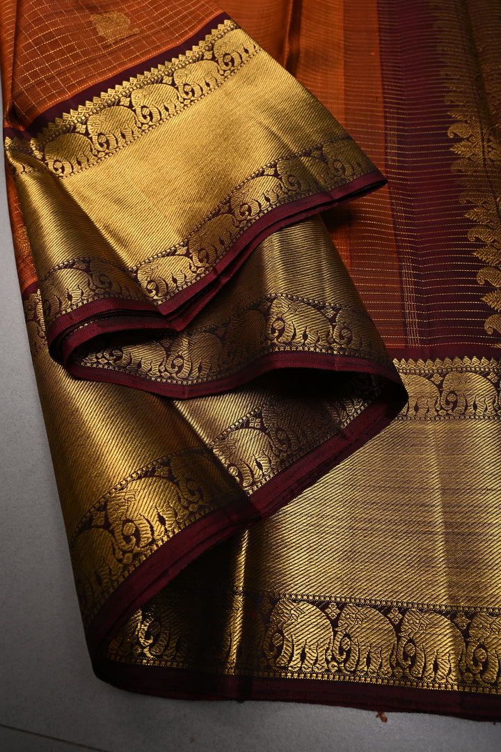 Pre-order Rust Orange Zari Buttas on Kanjivaram Pure Silk Saree with Podi-Kattam Zari Checks and Contrast Zari Border | SILK MARK CERTIFIED | SHOBITAM