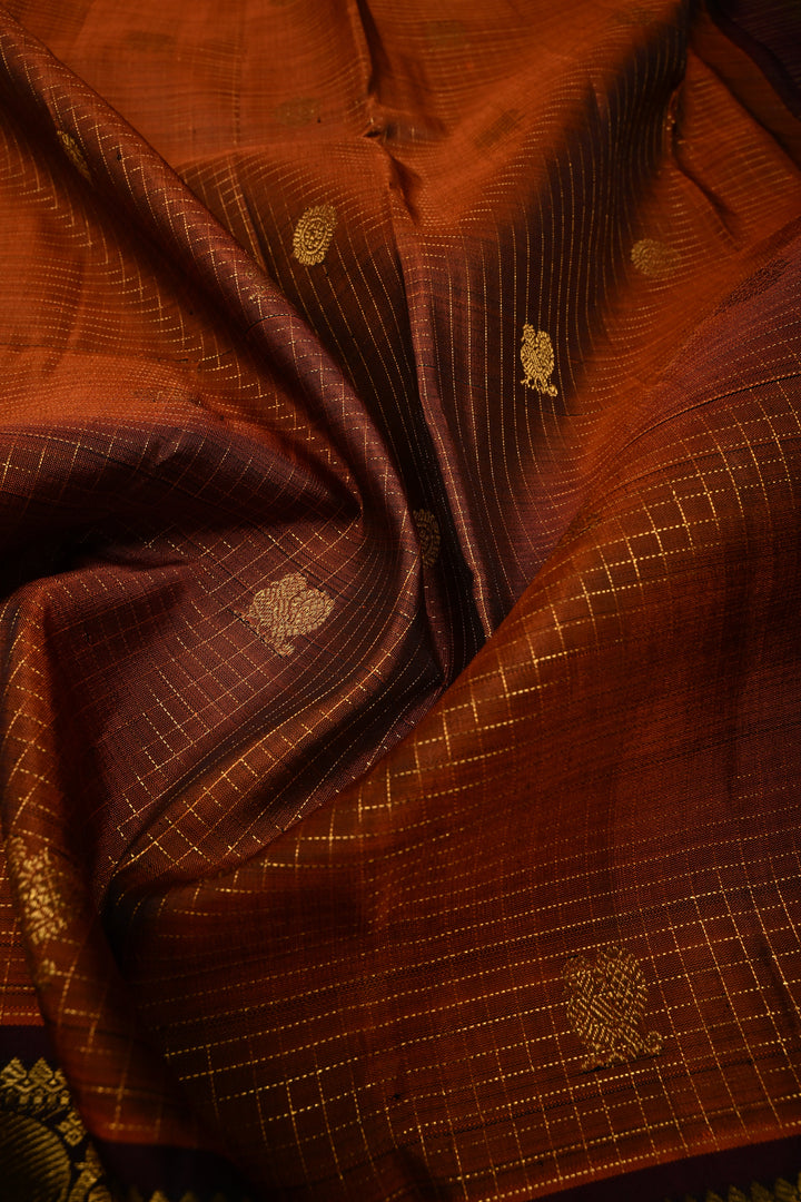 Pre-order Rust Orange Zari Buttas on Kanjivaram Pure Silk Saree with Podi-Kattam Zari Checks and Contrast Zari Border | SILK MARK CERTIFIED | SHOBITAM