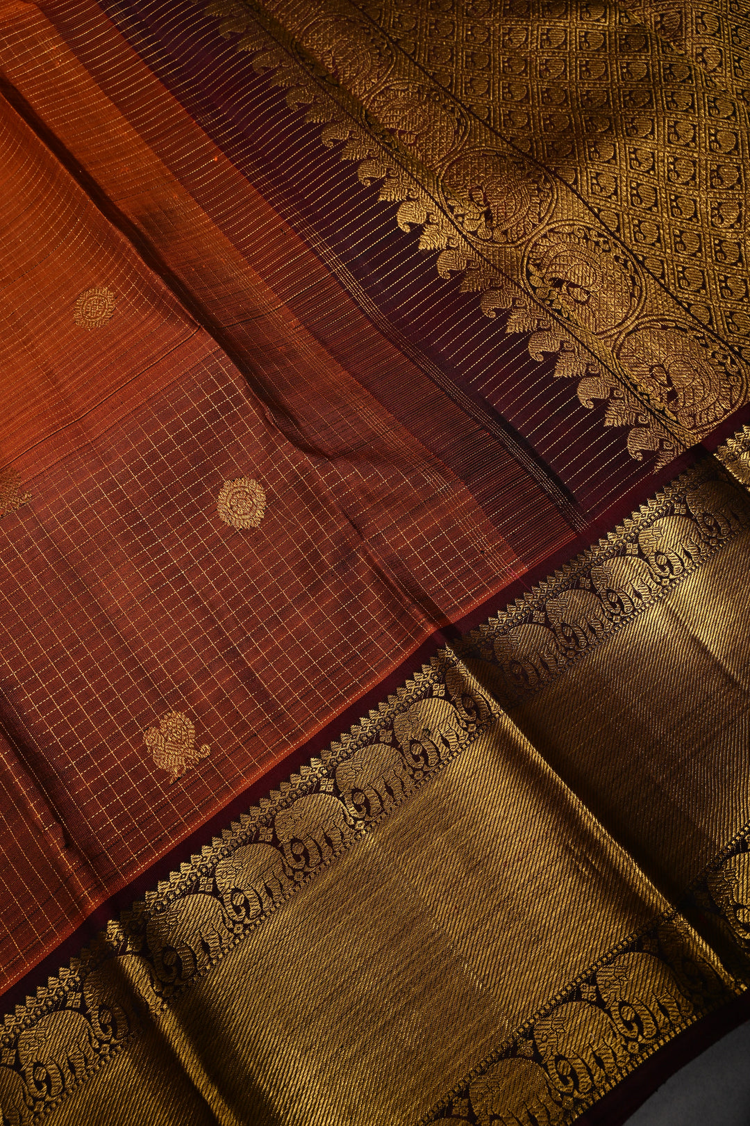 Pre-order Rust Orange Zari Buttas on Kanjivaram Pure Silk Saree with Podi-Kattam Zari Checks and Contrast Zari Border | SILK MARK CERTIFIED | SHOBITAM