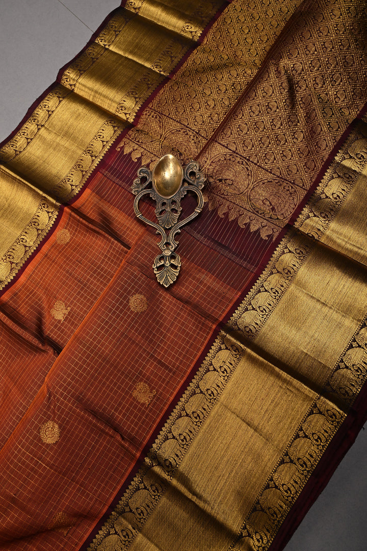 Pre-order Rust Orange Zari Buttas on Kanjivaram Pure Silk Saree with Podi-Kattam Zari Checks and Contrast Zari Border | SILK MARK CERTIFIED | SHOBITAM