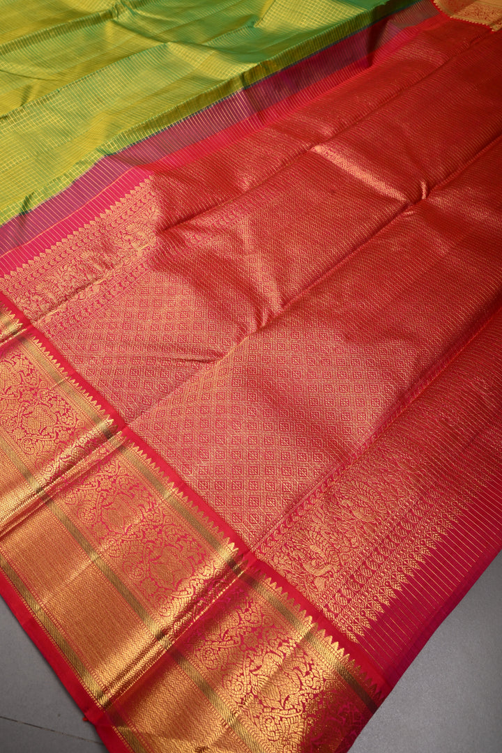 Lime Green Dual tone Korvai Kanjivaram Pure Silk Saree with Podi-Kattam Zari Checks and Contrast Zari Border | SILK MARK CERTIFIED | SHOBITAM