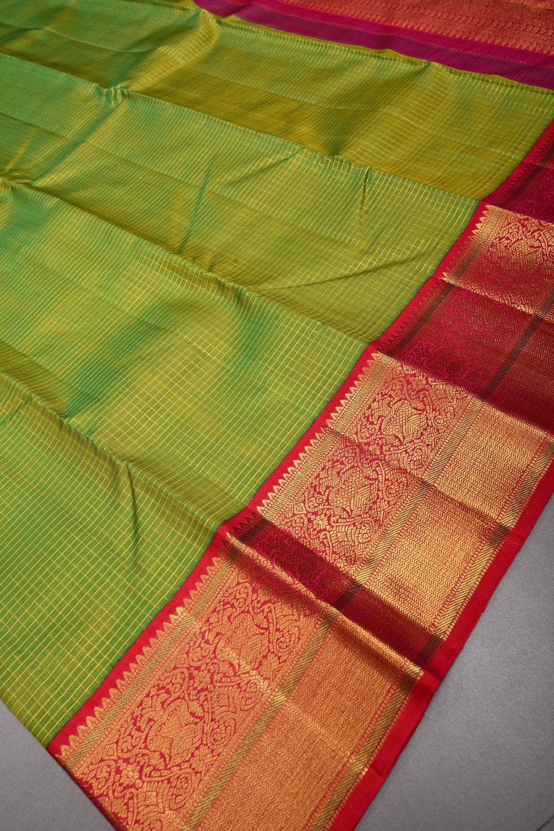 Lime Green Dual tone Korvai Kanjivaram Pure Silk Saree with Podi-Kattam Zari Checks and Contrast Zari Border | SILK MARK CERTIFIED | SHOBITAM