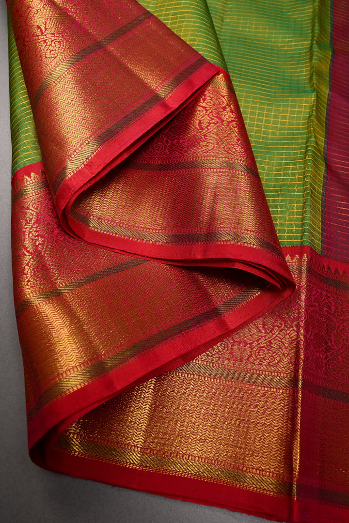 Lime Green Dual tone Korvai Kanjivaram Pure Silk Saree with Podi-Kattam Zari Checks and Contrast Zari Border | SILK MARK CERTIFIED | SHOBITAM