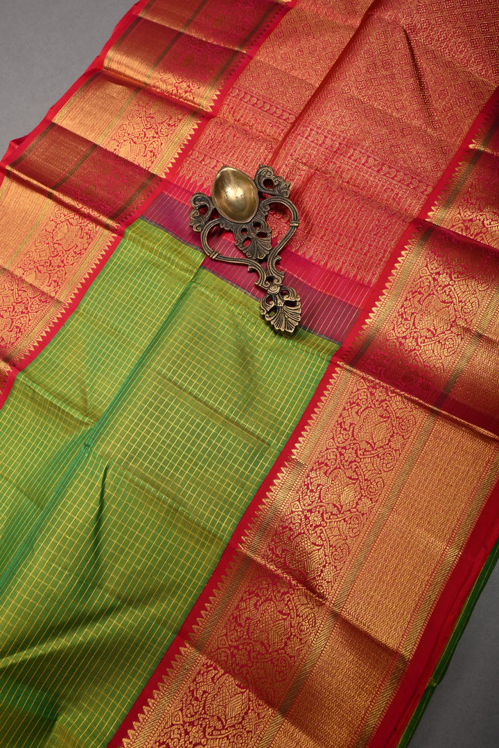 Lime Green Dual tone Korvai Kanjivaram Pure Silk Saree with Podi-Kattam Zari Checks and Contrast Zari Border | SILK MARK CERTIFIED | SHOBITAM