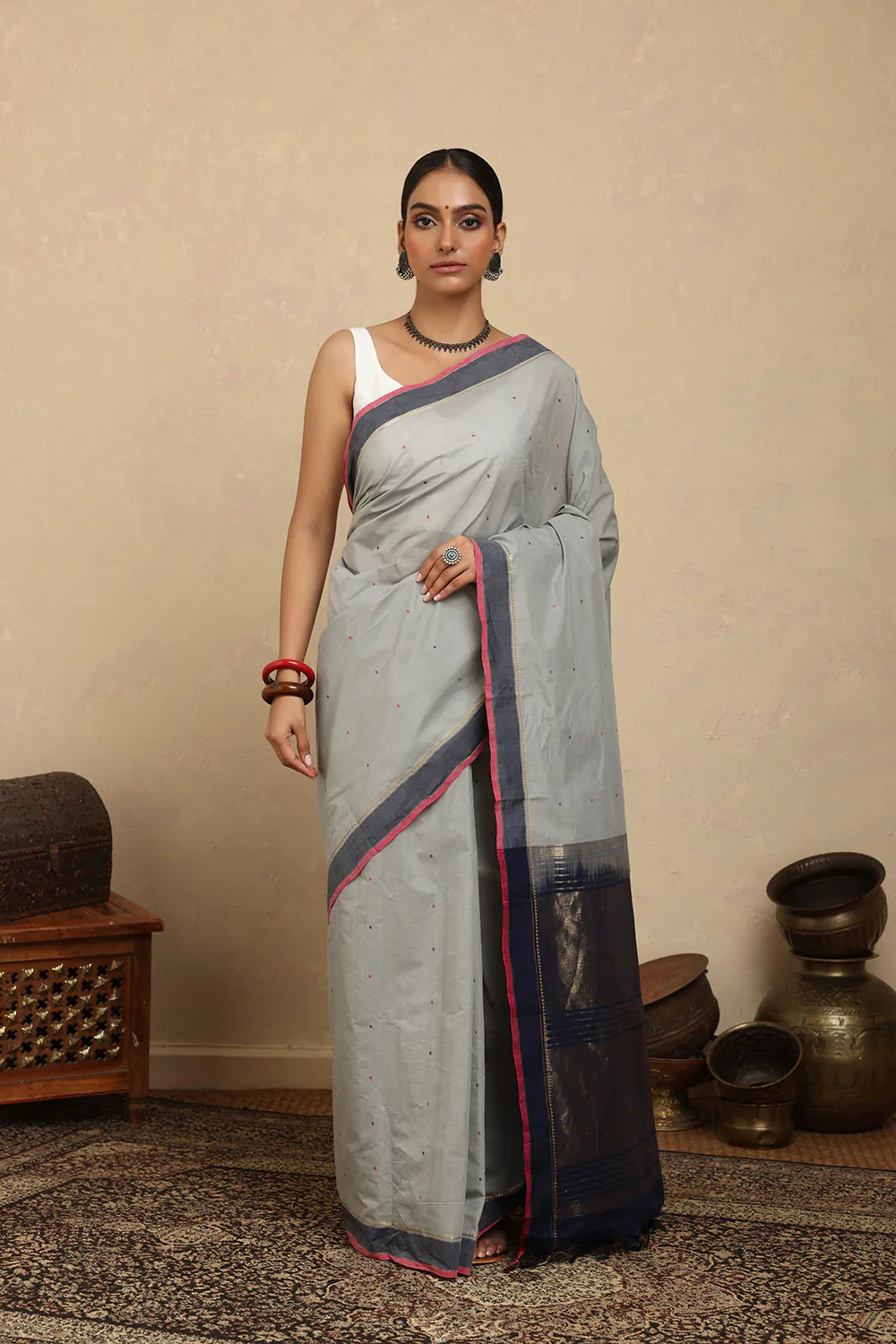 Handloom Powder Blue Gray Kanchi Cotton Saree | SHOBITAM
