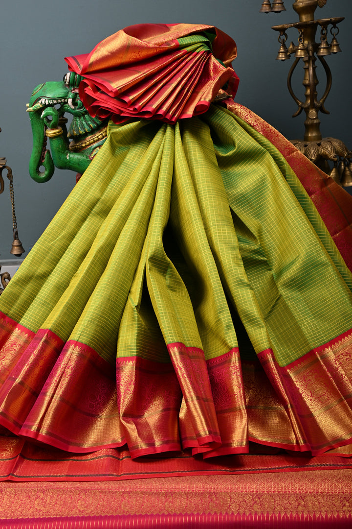 Lime Green Dual tone Korvai Kanjivaram Pure Silk Saree with Podi-Kattam Zari Checks and Contrast Zari Border | SILK MARK CERTIFIED | SHOBITAM
