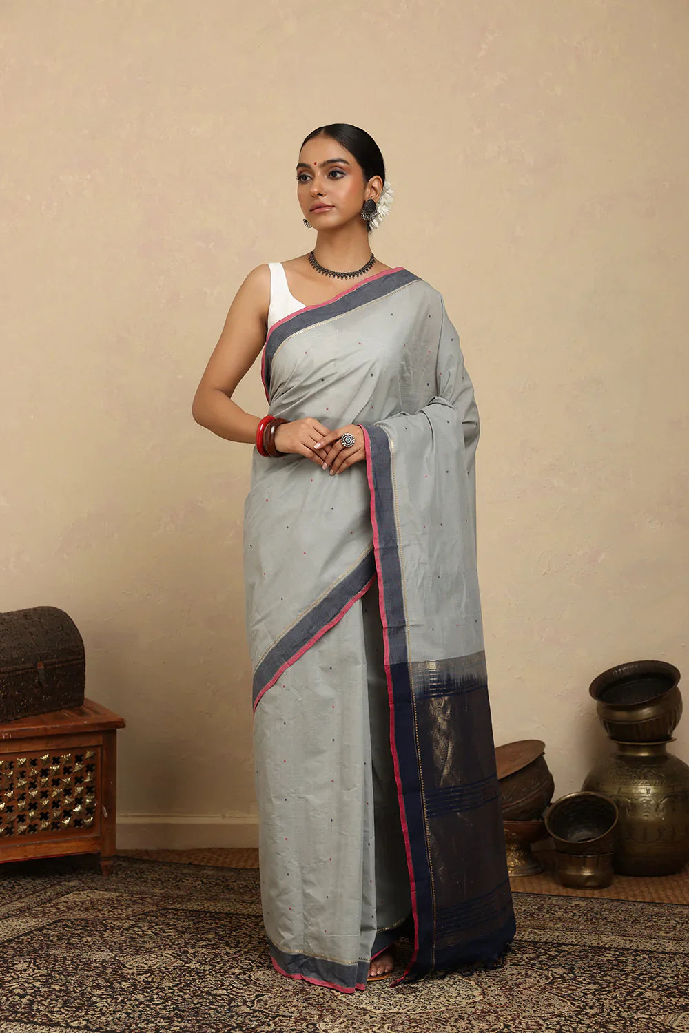 Handloom Powder Blue Gray Kanchi Cotton Saree | SHOBITAM