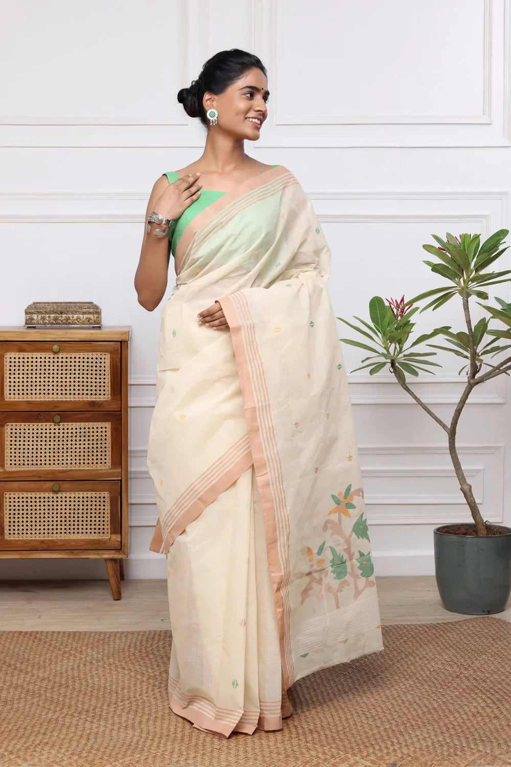 Handloom Beige Pure Cotton Jamdani Saree with Multi Colour Floral Motifs | SHOBITAM