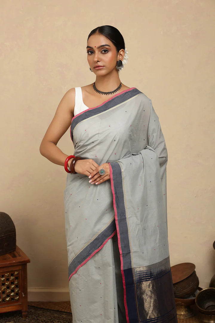 Handloom Powder Blue Gray Kanchi Cotton Saree | SHOBITAM