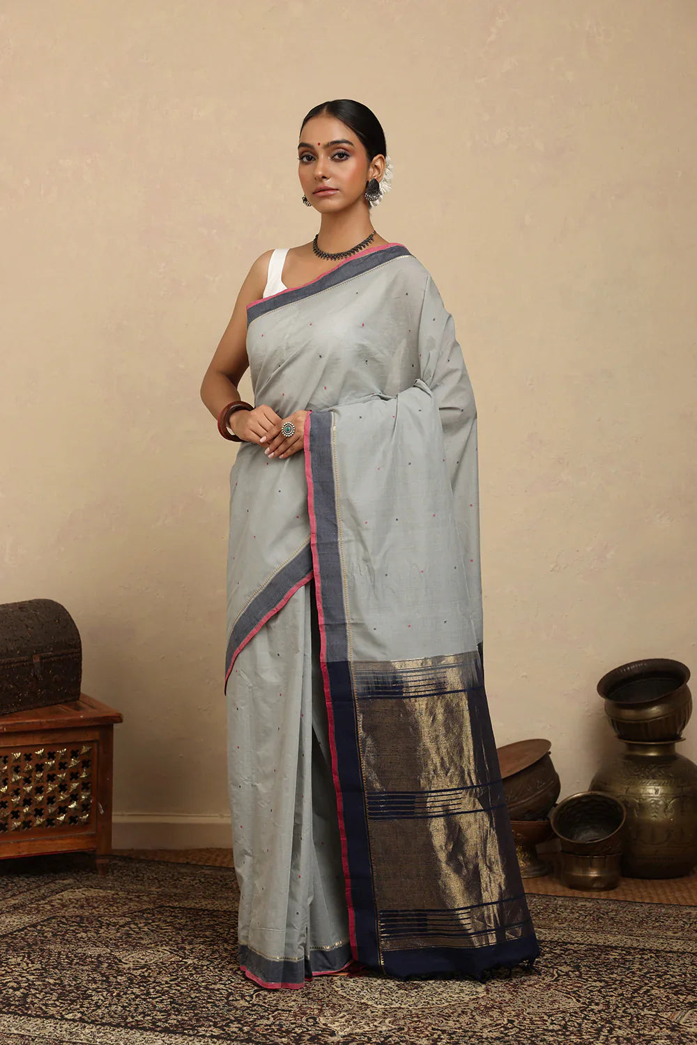 Handloom Powder Blue Gray Kanchi Cotton Saree | SHOBITAM