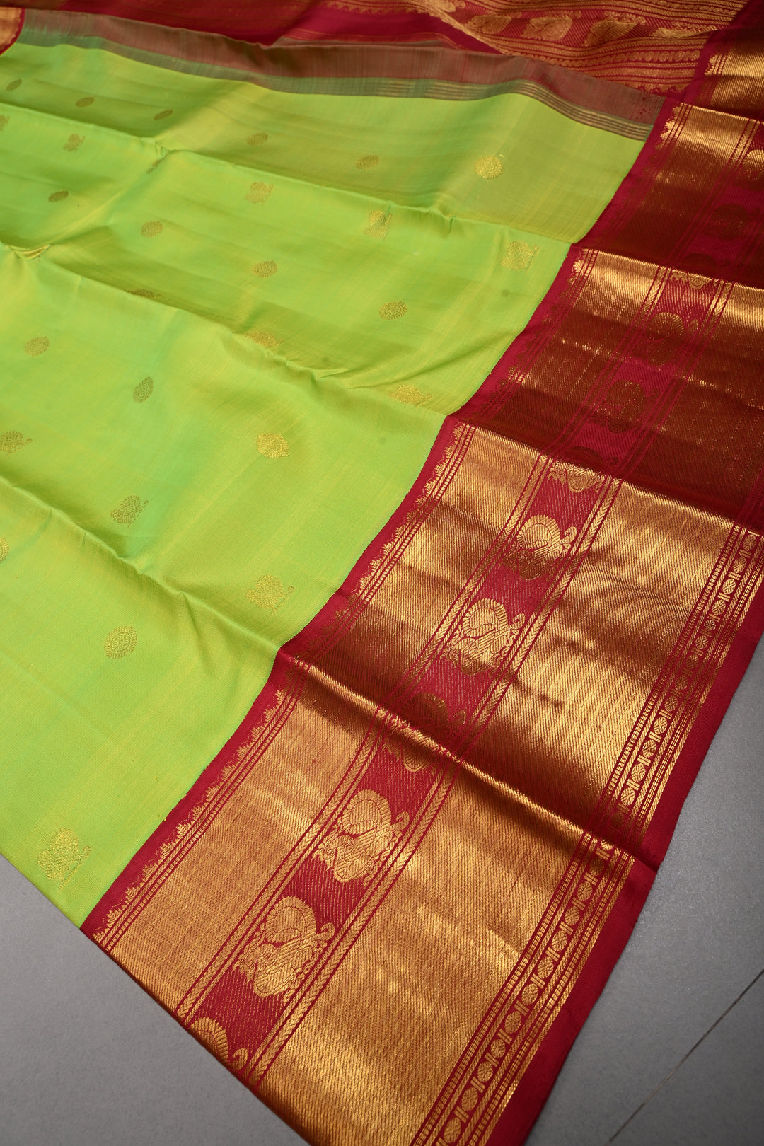 Parrot Green korvai Kanjivaram Pure Silk Saree with Zari Buttas and Contrast Zari Border | SILK MARK CERTIFIED | SHOBITAM