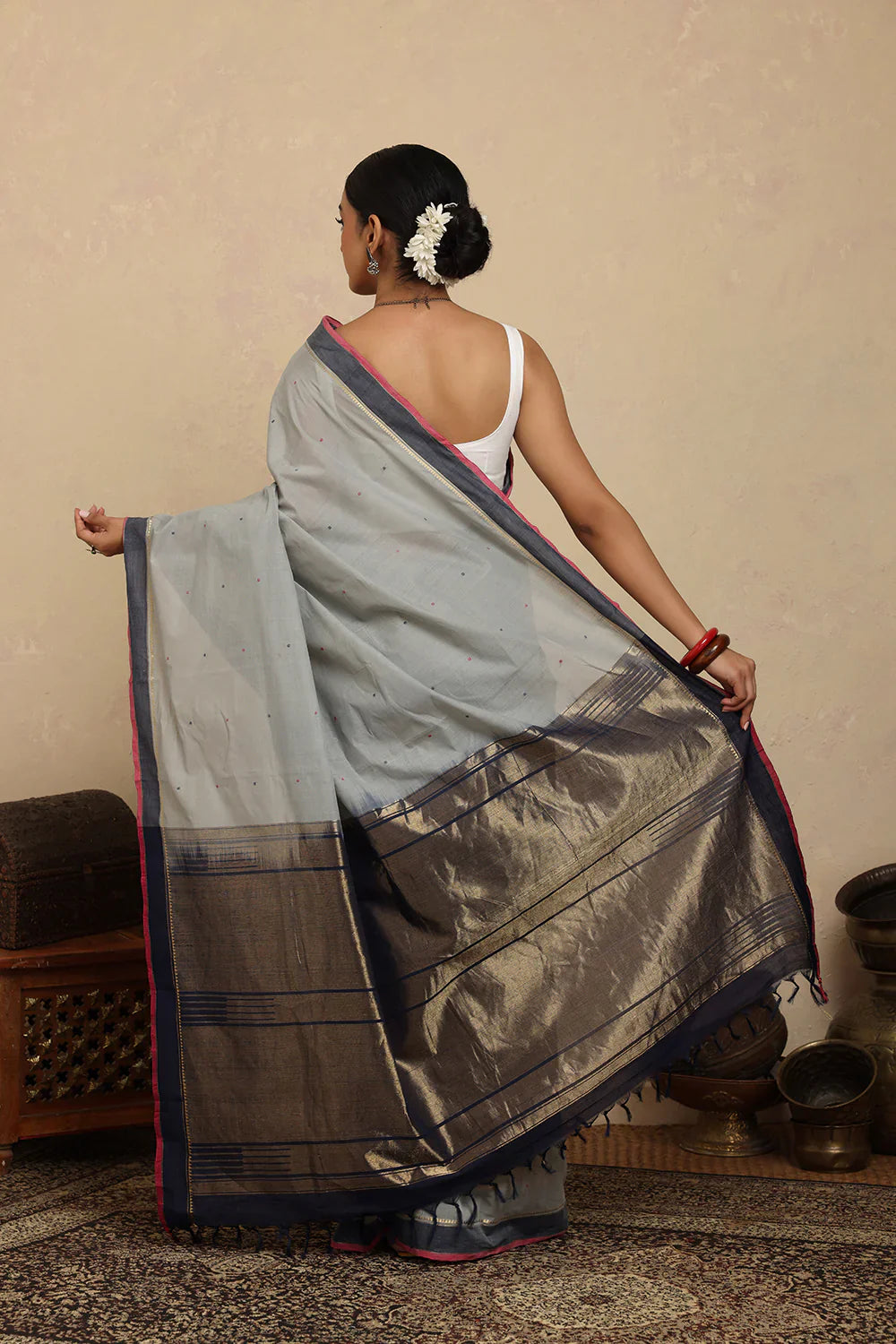 Handloom Powder Blue Gray Kanchi Cotton Saree | SHOBITAM