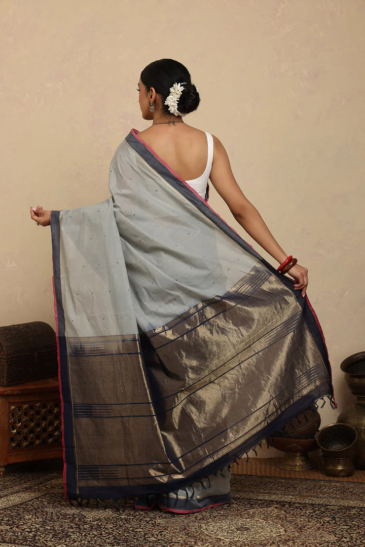 Handloom Powder Blue Gray Kanchi Cotton Saree | SHOBITAM