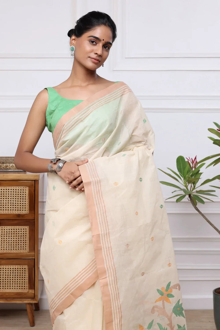 Handloom Beige Pure Cotton Jamdani Saree with Multi Colour Floral Motifs | SHOBITAM