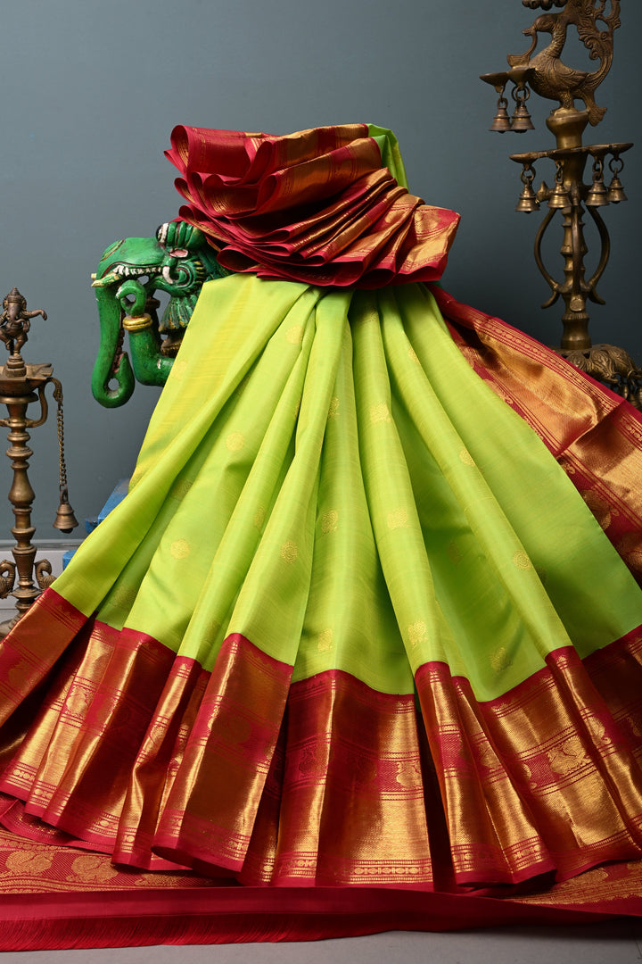 Parrot Green korvai Kanjivaram Pure Silk Saree with Zari Buttas and Contrast Zari Border | SILK MARK CERTIFIED | SHOBITAM